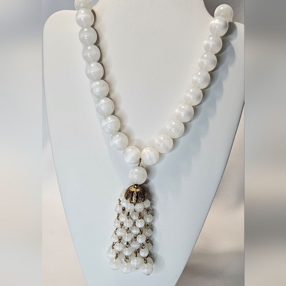 White Pearl Necklace with Dangle beaded cluster and Gold accent